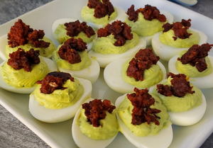 Spicy Avocado Lime Deviled Eggs with Chorizo